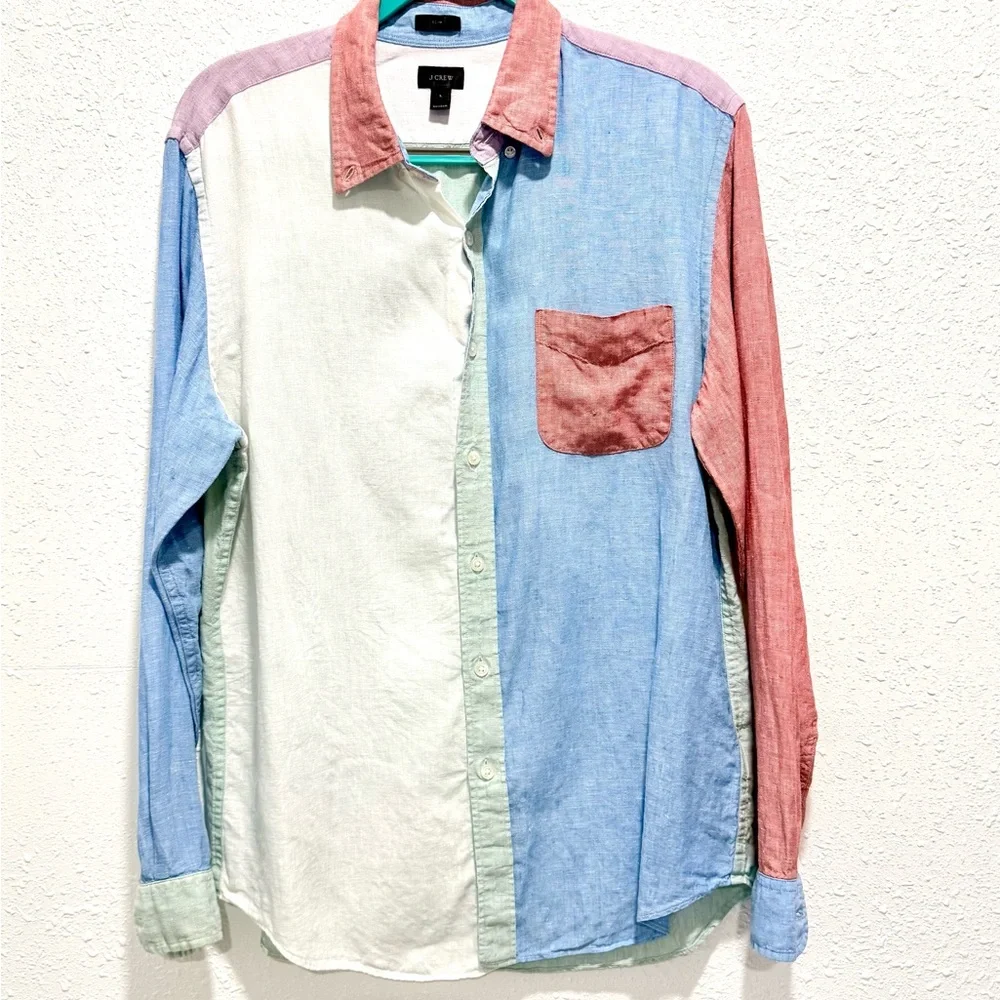 J. Crew Men’s Colorblock 100% Irish linen Button-Down‎ Shirt  L